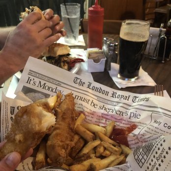 Crown & Anchor - Basket of fish n' chips with a cold Guinness for me, Philly cheesesteak for the boyfriend - British Near Me - Thousand Oaks, California