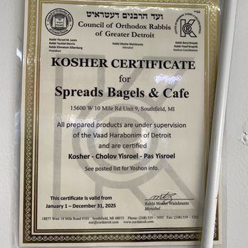 Spreads Bagels and Cafe - Kosher Certification - Bagels Near Me - Southfield, Michigan