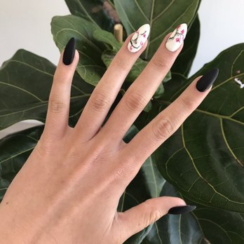 Tips & Toes - Hand drawn cherry blossom design with black matte polish by Monique - Nail Salons Near Me - Westminster, California