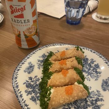 Lorelei - Blue crab cannoli and Stiegl Radler grapefruit beer - Wine Bars Near Me - Orlando, Florida