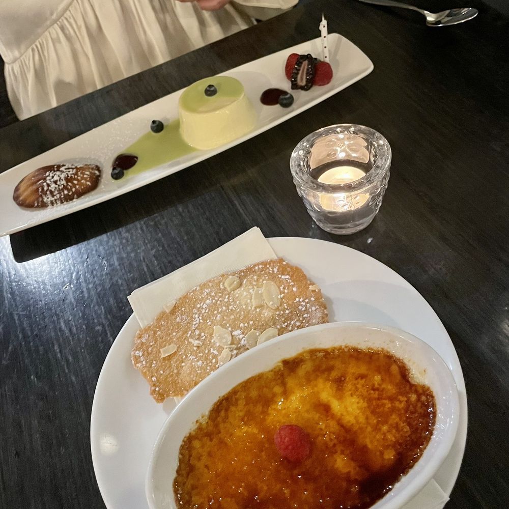 Maison T - White chocolate/pistachio dessert and crème brûlée - Bistros Near Me - Toronto, Ontario Maison T - White chocolate/pistachio dessert and crème brûlée - Bistros Near Me - Toronto, Ontario