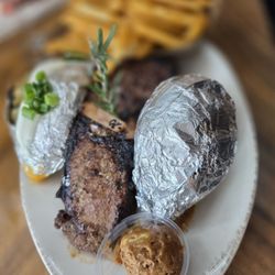 Seed to Table - New York strip with loaded bake potatoe and Sweet Potato  with brown cinnamon sugar