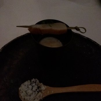 Spago - Celery root soup with duver scallop on top. Tofu, cavier, creme fraiche snow on bottom - New American Near Me - Beverly Hills, California Spago - Celery root soup with duver scallop on top. Tofu, cavier, creme fraiche snow on bottom - New American Near Me - Beverly Hills, California
