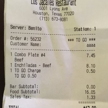 Los Jacales Restaurant - They charge a .50 to go charge for a customer who picks up their own food. I can understand if it's a delivery charge but to go! - Mexican Near Me - Houston, Texas Los Jacales Restaurant - They charge a .50 to go charge for a customer who picks up their own food. I can understand if it's a delivery charge but to go! - Mexican Near Me - Houston, Texas