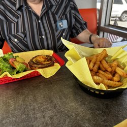 Mike's Grill - Three-quarter pound burger and fries to share. Look how many fries there are!
