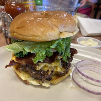 Steve's Cafe - My burger. 1/3 lb. The bacon had been sticking out all around but I folded them all in to keep them in the burger. - Cafes Near Me - Helena, Montana Steve's Cafe - My burger. 1/3 lb. The bacon had been sticking out all around but I folded them all in to keep them in the burger. - Cafes Near Me - Helena, Montana