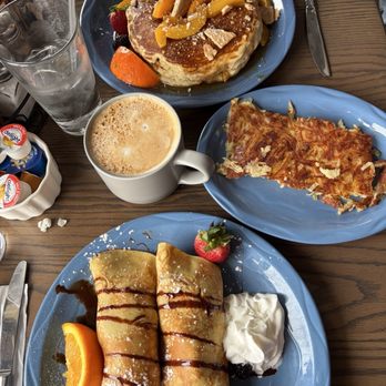 Breakfast Club - Strawberry Banana Crepe (bottom) & Peach Cobbler Pancakes (top), with a side of hashbrowns - Breakfast & Brunch Near Me - Walnut Creek, California Breakfast Club - Strawberry Banana Crepe (bottom) & Peach Cobbler Pancakes (top), with a side of hashbrowns - Breakfast & Brunch Near Me - Walnut Creek, California