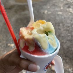 Sno-Good Snoballs - Pink Lemonade, Dreamsicle, and Rainbow topped with condensed milk.