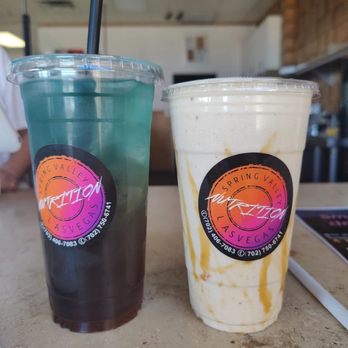 Spring Valley Nutrition - The Hawaiian punch (left). Salted Carmel cheesecake shake (right) - Waffles Near Me - Las Vegas, Nevada Spring Valley Nutrition - The Hawaiian punch (left). Salted Carmel cheesecake shake (right) - Waffles Near Me - Las Vegas, Nevada