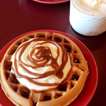 Red Elm Cafe - Belgian waffle with whipped cream and caramel sauce, 16 oz. white mocha, and ham and cheese sandwich with a side of potato chips. - Cafes Near Me - Tacoma, Washington Red Elm Cafe - Belgian waffle with whipped cream and caramel sauce, 16 oz. white mocha, and ham and cheese sandwich with a side of potato chips. - Cafes Near Me - Tacoma, Washington