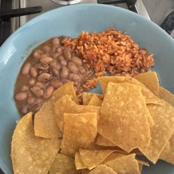 Tacos El Chikis - Beans, rice, and chips