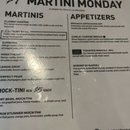 Martini Monday menu