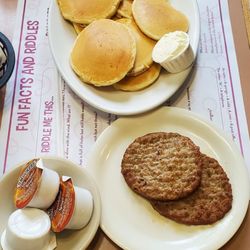 Court House Diner - Buttermilk Pancakes and Turkey Sausage Patties.