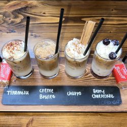 Eos Cafe & Coffee House - Speciality Coffee Flight: Tiramisu, Crème Brûlée, Churro, and Berry Cheesecake