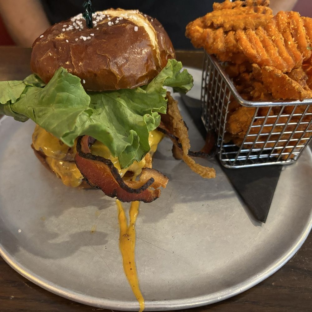 Real McCoy's - Smokehouse Burger with sweet potato fries - New American Near Me - Wake Forest, North Carolina Real McCoy's - Smokehouse Burger with sweet potato fries - New American Near Me - Wake Forest, North Carolina