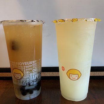 Happy Lemon - Kumquat Lemon Jasmine Green Tea with boba (left) and Lemon Slushy (right) - Bubble Tea Near Me - San Jose, California Happy Lemon - Kumquat Lemon Jasmine Green Tea with boba (left) and Lemon Slushy (right) - Bubble Tea Near Me - San Jose, California