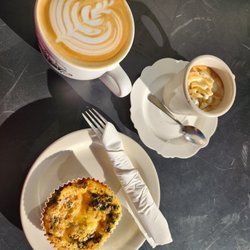 Buon Giorno Coffee - Large cafe latte, con panna, and a crustless quiche.