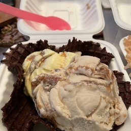 Chocolate covered waffle with Special Praline & Butter Pecan ice cream
