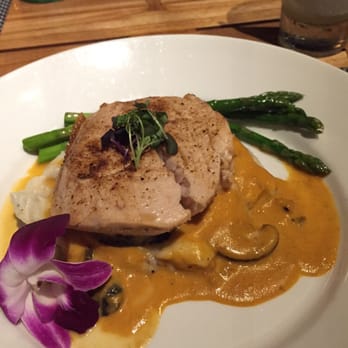 Jake's - Opa fish on a bed of mashed potatoes and mushrooms, light suace and asparagus. Tasty! - New American Near Me - Del Mar, California