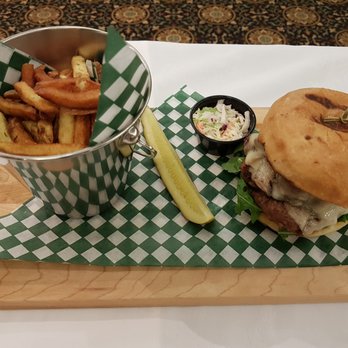 Hops Restaurant & Lounge - HOPS Featured Burger & Fries Ask your server about our HOPS featured burger - Canadian (New) Near Me - Cornwall, Ontario
