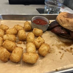 Shoals Smokehouse - Texas Smokehouse Burger with tots