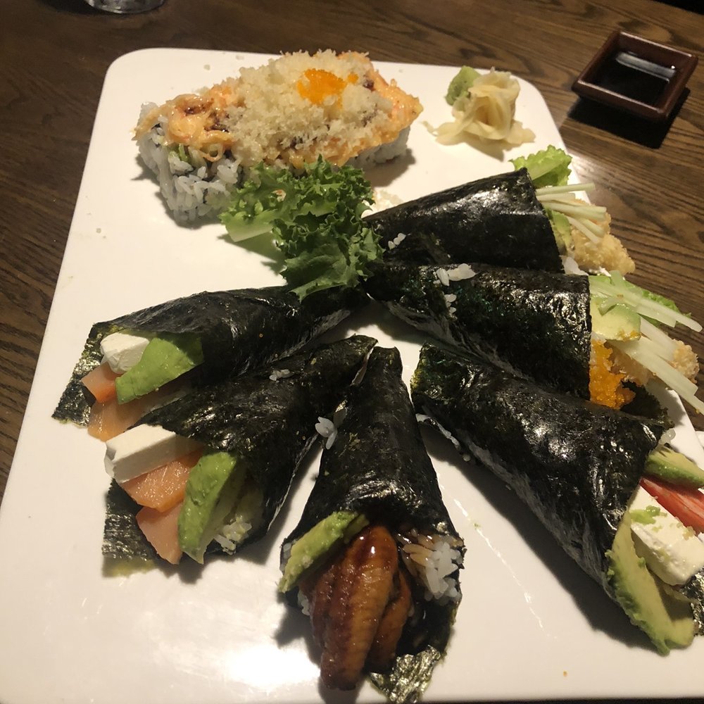 Shogun Sushi - Back: volcano roll, left: 2 Philly hand rolls, eel hand roll in front - Sushi Bars Near Me - Tampa, Florida Shogun Sushi - Back: volcano roll, left: 2 Philly hand rolls, eel hand roll in front - Sushi Bars Near Me - Tampa, Florida
