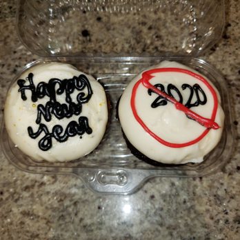 Sweet Mandy B's - Yellow 'Happy New Year' cupcake and Chocolate 'Cancel 2020' cupcake - Desserts Near Me - Chicago, Illinois Sweet Mandy B's - Yellow 'Happy New Year' cupcake and Chocolate 'Cancel 2020' cupcake - Desserts Near Me - Chicago, Illinois