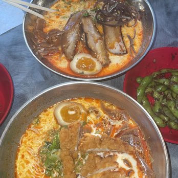 Shiromaru - Spicy Tonkotsu for the both of them. The top is port and the bottom is fried chicken - Ramen Near Me - Troy, Michigan
