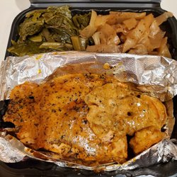 Ka'ribbean Fire - Crab stuffed salmon, cajun shrimp, collard greens, cabbage.