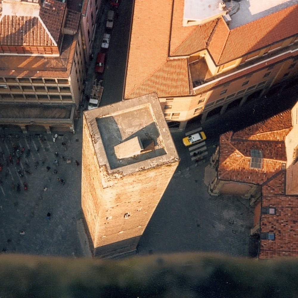 Torre degli Asinelli - View from the Asinelli Tower, Bologna (looking down on the Garisenda Tower) - Landmarks & Historical Buildings Near Me - Bologna, BO
