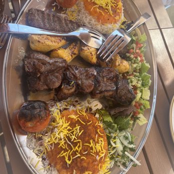 Tah Deeg Persian Cuisine - Special Kabaab - Plate for 2. Comes with beef and lamb minced meat kebab, chicken breast kebab, and a skewer of lamb chops. - Persian/Iranian Near Me - Clovis, California Tah Deeg Persian Cuisine - Special Kabaab - Plate for 2. Comes with beef and lamb minced meat kebab, chicken breast kebab, and a skewer of lamb chops. - Persian/Iranian Near Me - Clovis, California
