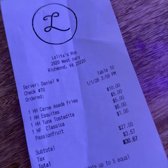 Lolita’s - Receipt - Happy Hour deals are amazing!! - Mexican Near Me - Richmond, Virginia Lolita’s - Receipt - Happy Hour deals are amazing!! - Mexican Near Me - Richmond, Virginia
