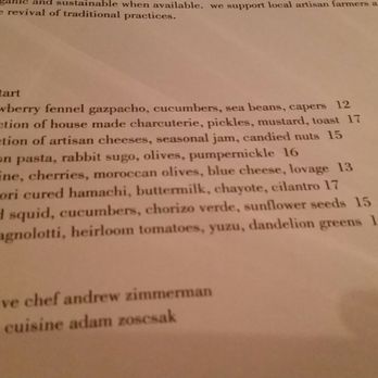 Sepia - The starter menu as of 7/14/17 (note the exec chef, who was a James Beard award finalist) - New American Near Me - Chicago, Illinois Sepia - The starter menu as of 7/14/17 (note the exec chef, who was a James Beard award finalist) - New American Near Me - Chicago, Illinois