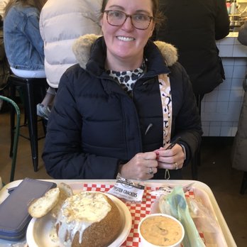 Pike Place Chowder - Pacific Place - Bread bowl with classic chowder and a cup of bisque which came with a hunk of bread. Smiling happy face! - Seafood Near Me - Seattle, Washington Pike Place Chowder - Pacific Place - Bread bowl with classic chowder and a cup of bisque which came with a hunk of bread. Smiling happy face! - Seafood Near Me - Seattle, Washington