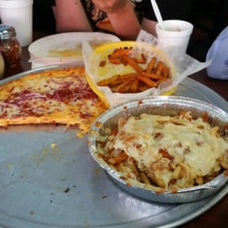 Cheddar ranch pizza, family size cheese fries leftovers after my family devoured. Cheddar ranch pizza, family size cheese fries leftovers after my family devoured.