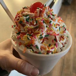 a hand holding a cup of ice cream with sprinkles and a cherry a hand holding a cup of ice cream with sprinkles and a cherry