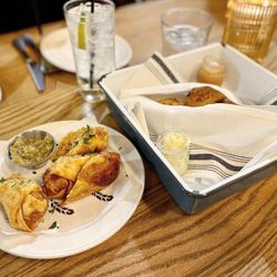 Journeyman at American Factory - Valparaiso - Crispy Chicken Chorizo Rolls (left) & Beer Biscuits (right) starters