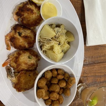 Nate's West End - Baked Stuffed Shrimp (jumbo gulf shrimp with crab cake meat, lemon butter), rosemary potatoes, and fried okra. Drink: Paloma - Seafood Near Me - Galveston, Texas