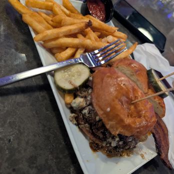 Game Changer - Black and bleu burger with fries - Arcades Near Me - Buford, Georgia