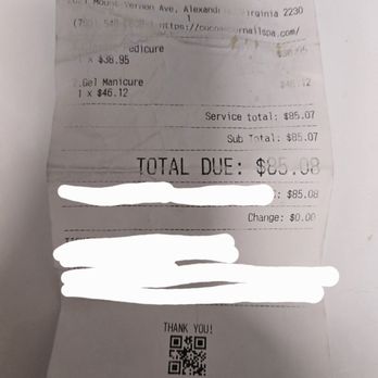 Coco A'mour Nail Spa - Was charged 38.95 for a pedicure, 46.12 for a gel manicure, the total equals: 85.07, why was my card charged, 85.08? - Nail Salons Near Me - Alexandria, Virginia Coco A'mour Nail Spa - Was charged 38.95 for a pedicure, 46.12 for a gel manicure, the total equals: 85.07, why was my card charged, 85.08? - Nail Salons Near Me - Alexandria, Virginia