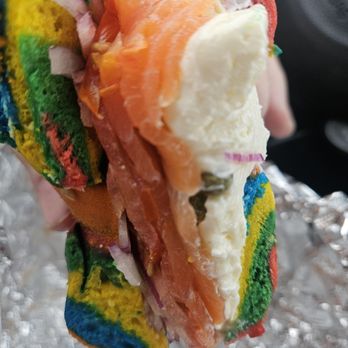 NY Bagel - Rainbow  colored bagel with lox, cream cheese, tomatoes, capers - Bagels Near Me - Fullerton, California