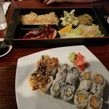 Samurai Sushi - Top: Chicken Teriyaki lunch Bento Box Bottom: 3 sushi rolls (crunchy roll, shrimp cucumber roll, special eel roll) - Sushi Bars Near Me - Lake Mary, Florida Samurai Sushi - Top: Chicken Teriyaki lunch Bento Box Bottom: 3 sushi rolls (crunchy roll, shrimp cucumber roll, special eel roll) - Sushi Bars Near Me - Lake Mary, Florida
