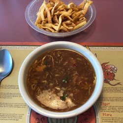 Hot m Sour soup with those crunchy things. Only $1.60!