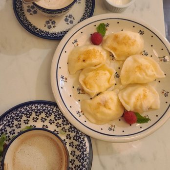 Pierozek - Raspberry and cheese pierogi with a cappuccino and non diary latte. - Polish Near Me - Brooklyn, New York Pierozek - Raspberry and cheese pierogi with a cappuccino and non diary latte. - Polish Near Me - Brooklyn, New York