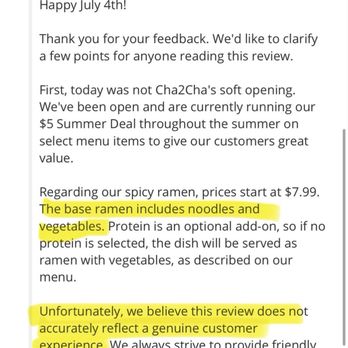 Cha2Cha - The owner's response gaslighting about their Spicy Ramen and dismissing my personal experience. - Bubble Tea Near Me - Anaheim, California Cha2Cha - The owner's response gaslighting about their Spicy Ramen and dismissing my personal experience. - Bubble Tea Near Me - Anaheim, California