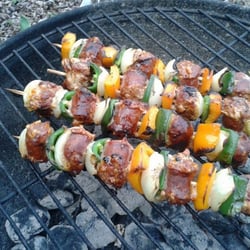 Chorizo sausages cut into kebabs for the grill with pepper, onion and jalapeno.
