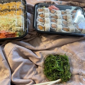 Wu's House - Top Left: Spicy Crab Stick Roll, Snow White Roll (8 Pieces). Top Right: Spicy Tuna Roll and Spicy Salmon Roll. Bottom: Seaweed Salad - Japanese Near Me - Evergreen Park, Illinois Wu's House - Top Left: Spicy Crab Stick Roll, Snow White Roll (8 Pieces). Top Right: Spicy Tuna Roll and Spicy Salmon Roll. Bottom: Seaweed Salad - Japanese Near Me - Evergreen Park, Illinois