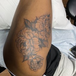 Peonies Thigh Tattoo by Niki Urban Peonies Thigh Tattoo by Niki Urban