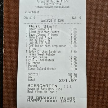 Cobblestones Pub and Biergarten - Bill - total was $2 more when you do the math - American Near Me - Forest Hills, New York Cobblestones Pub and Biergarten - Bill - total was $2 more when you do the math - American Near Me - Forest Hills, New York