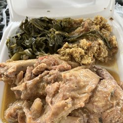 Neighborhood Kitchen - Smothered turkey wings, dressing and greens.